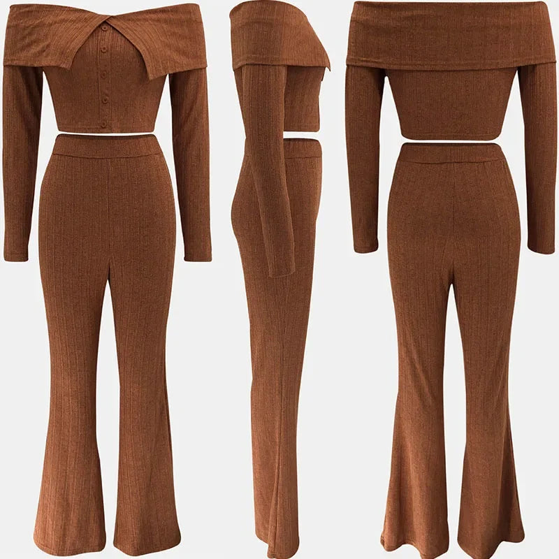 Knitted Two Piece Set Off Shoulder Slash Neck Crop Top and Flare Pants Set