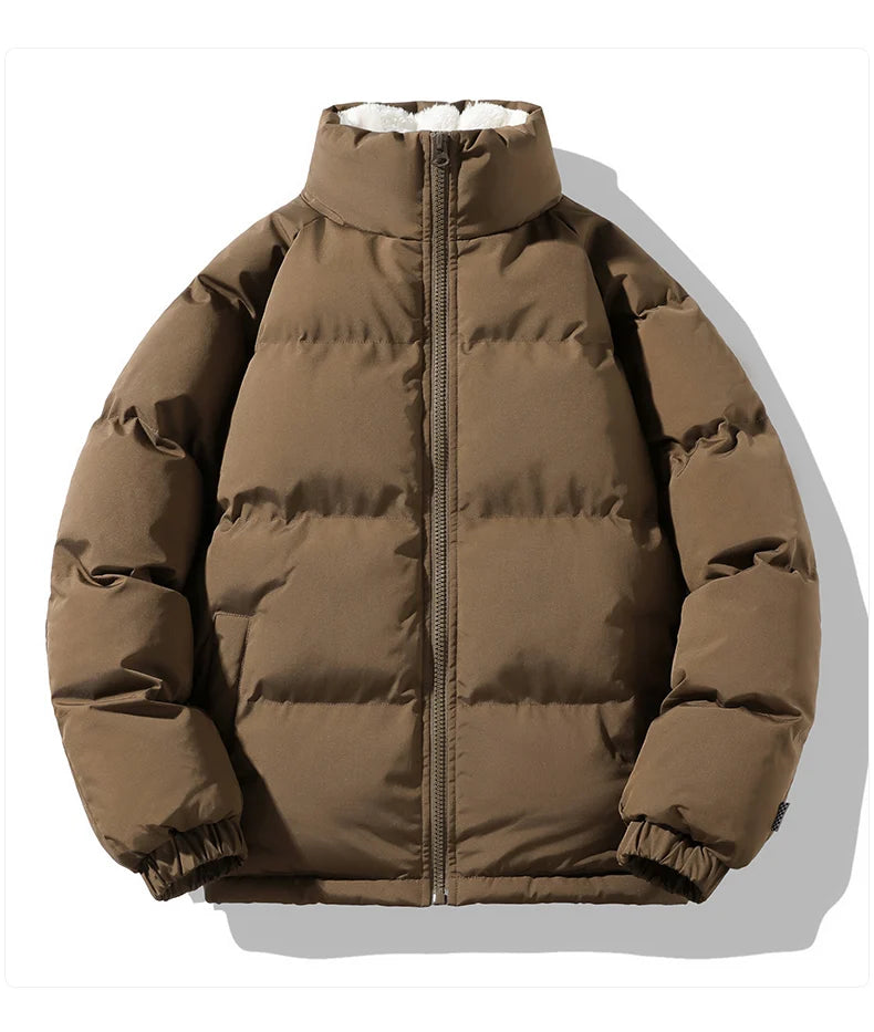 Warm Parka Coat Fleece Inside Male Solid Color Stand Collar Cotton Jacket Men's