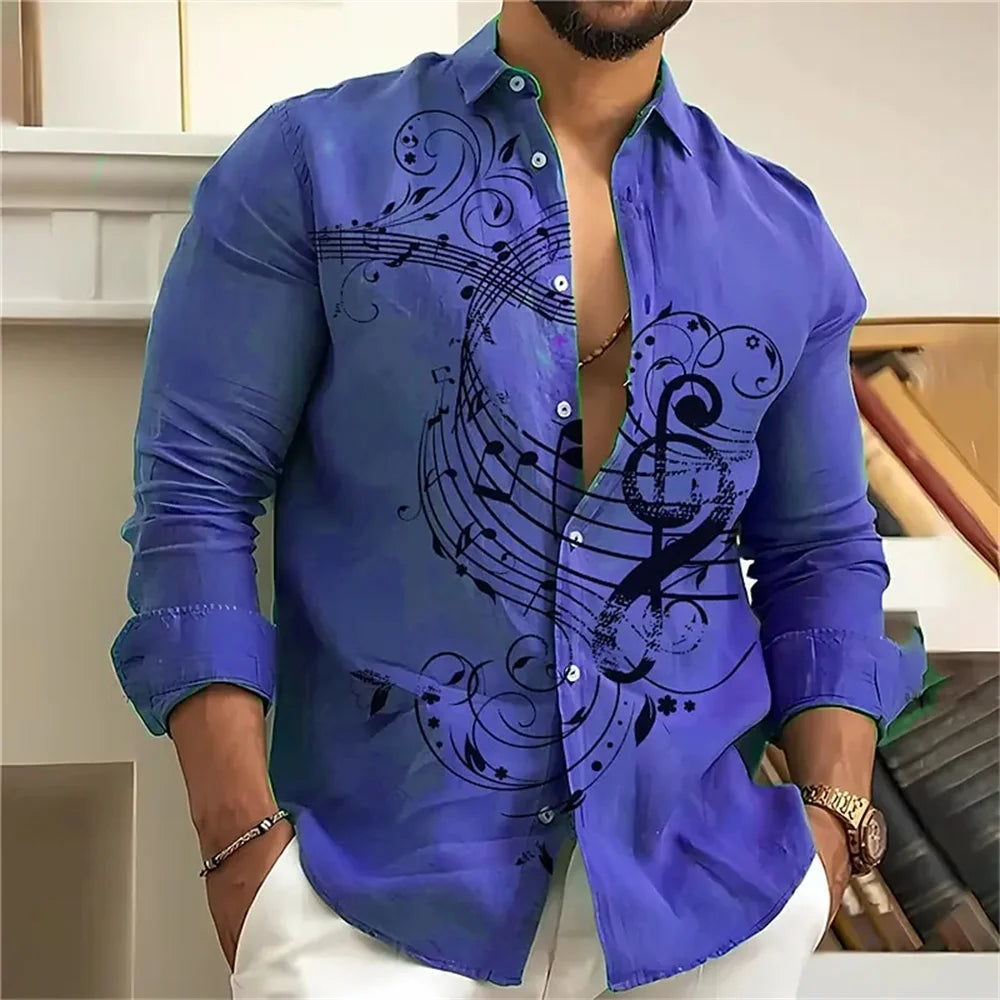 Music note print men's shirt casual open lapel top comfortable long-sleeved