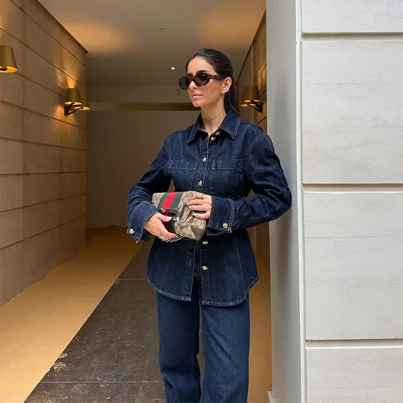 Street Denim Shirt Set Women Lapel Waist Up Long Sleeve Single Breasted Pocket Jacket Lady Jean Outfit set / M set / L pant / L set / M-set / L-pant / L-set / S-pant / S-pant / M-top / M-top / L-top / S-