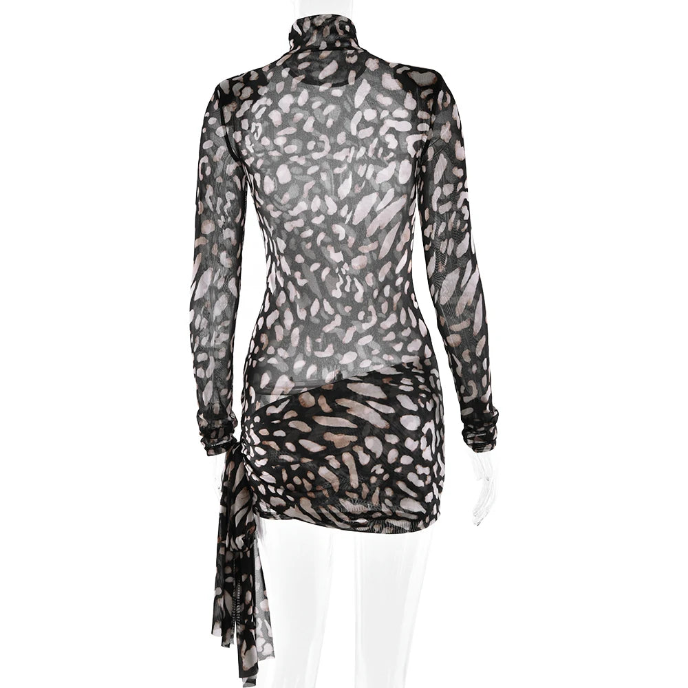 Fantoye Turtleneck Sheer Print Leopard Bandage Dress Long Sleeve Mini Slim Elegant Leopard / L Black / S Black / M Leopard / L-Black / S-Black / M-Leopard / S-Black / L-Leopard / M-