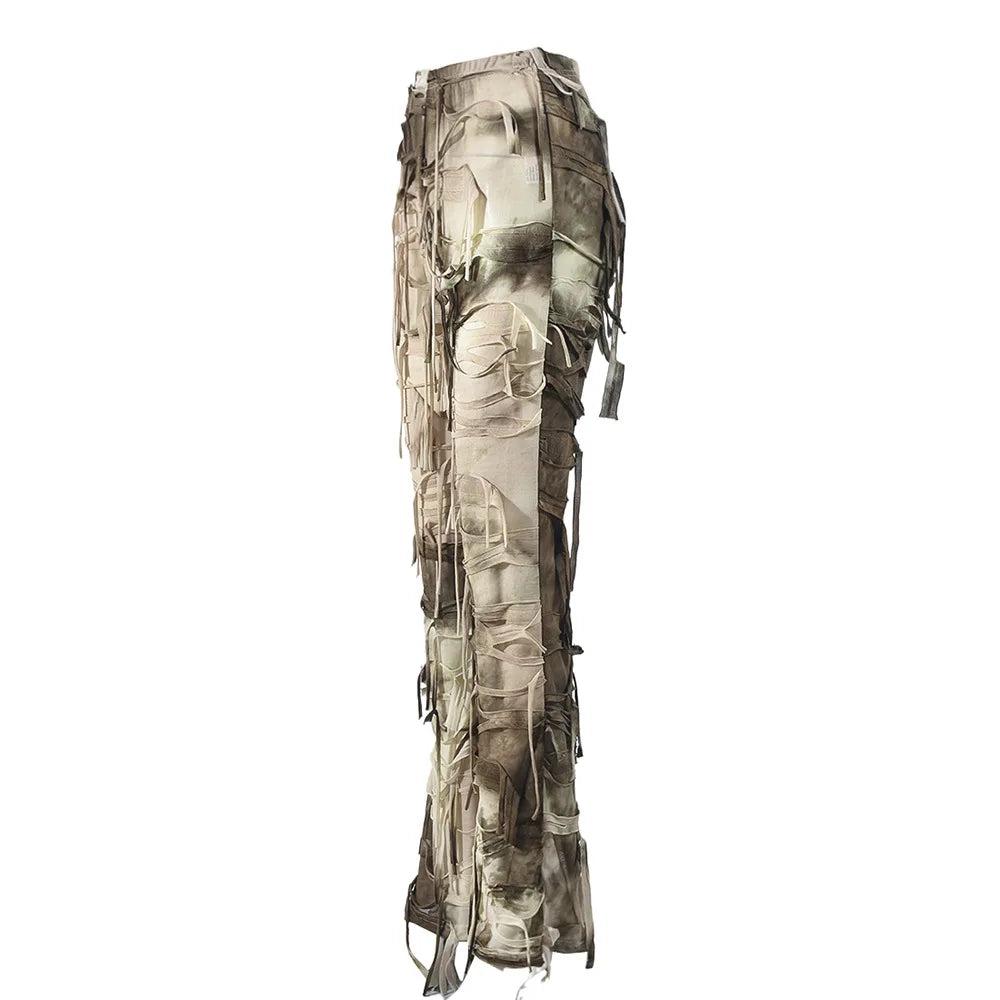Tie Dye Printed High Waist Drawstring Tassel Flare Pants Stretch Legging Wide Leg