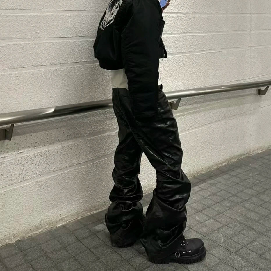High Street Wide Leg Glossy Leather Pants Sashes Boot Cut Men and Women Straight Baggy Casual Jeans Oversized Flared Trousers