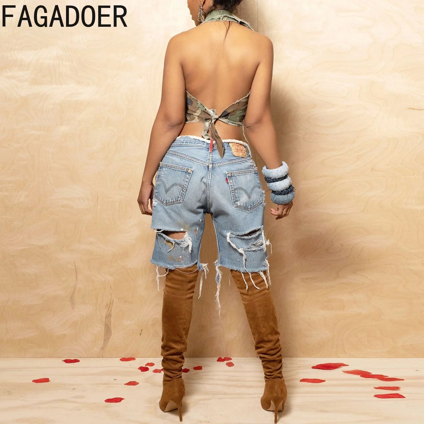 Hole Print Pants Casual High Waist Button Straight Jeans Summer Female