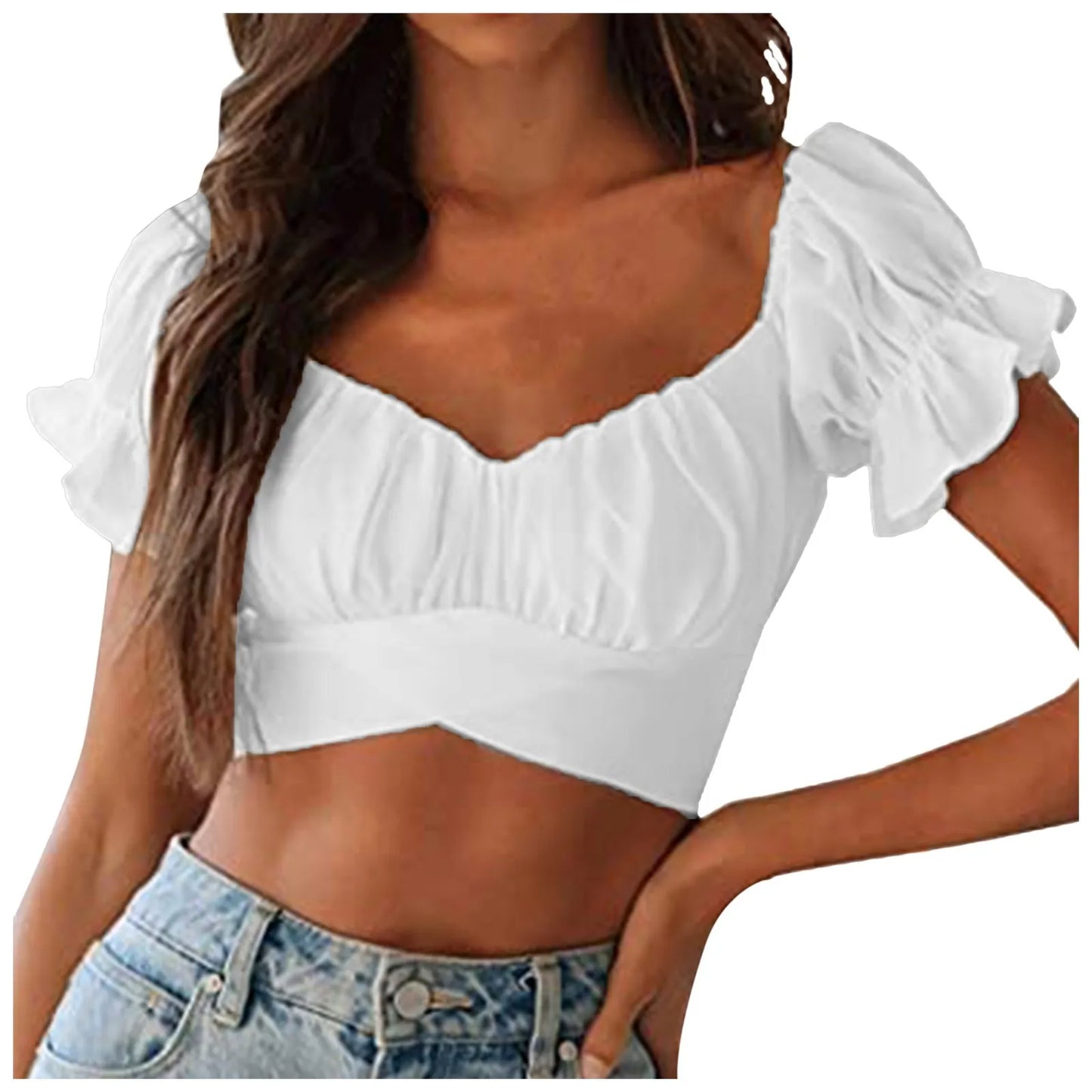 Deep V Neck Cropped Top Ruffled Short Sleeve Backless Tight Tank Top Watermelon Red / XL / United States Watermelon Red / S / United States