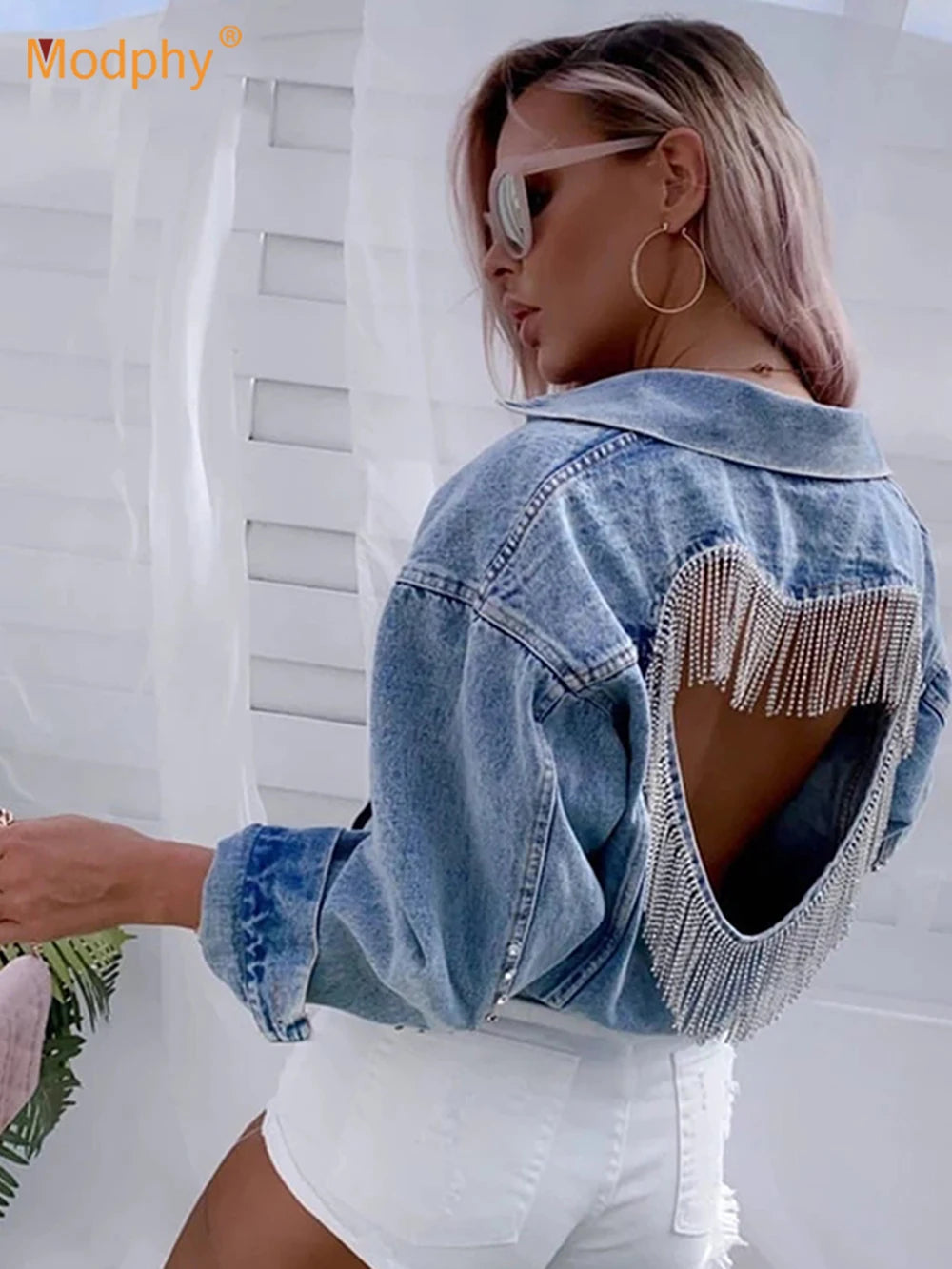 Denim Jacket Female Light Blue Diamond Tassel Coat Single-Breasted Open Back Women Jeans Coat