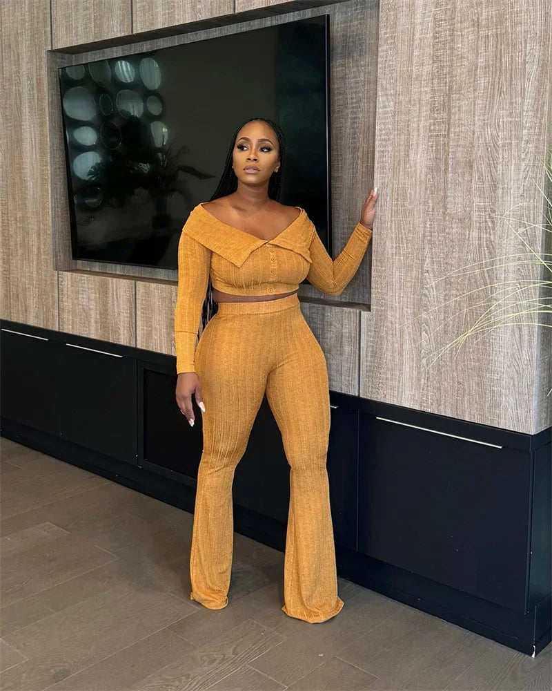 Knitted Two Piece Set Off Shoulder Slash Neck Crop Top and Flare Pants Set