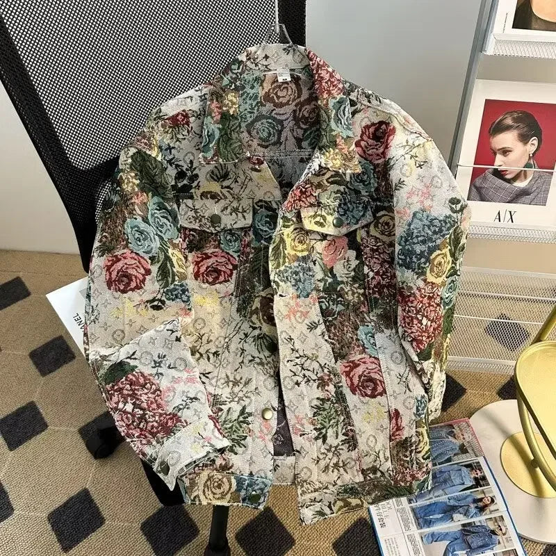 Men's Fashionable Denim Jacket High Quality Cross-Border Style Loose Fit Casual Scene Jacquard Lapel Jacket
