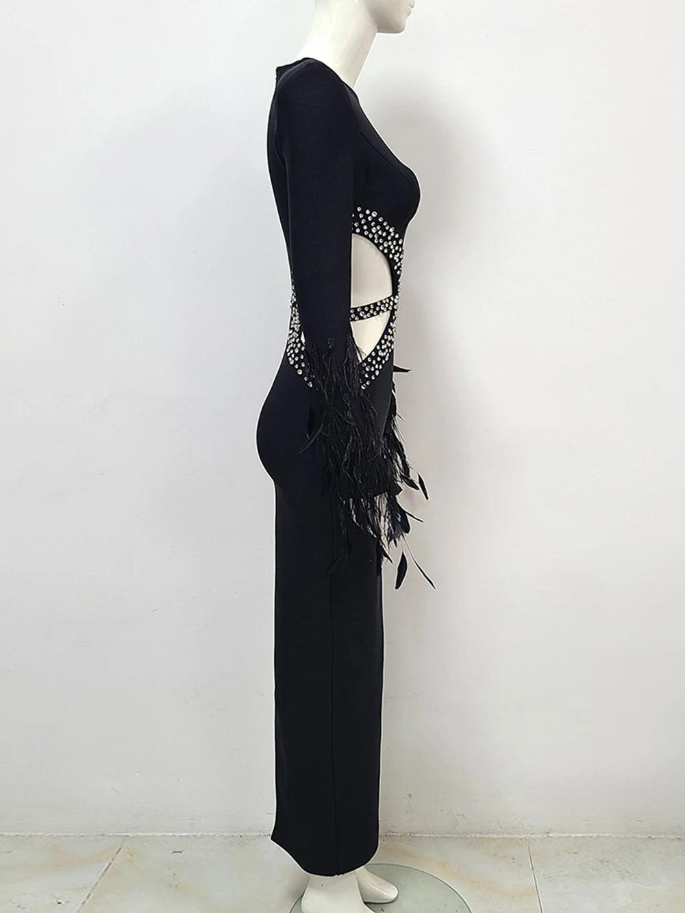 Feather hollow out Bandage Maxi Dress Diamond Long Sleeve Bodycon Long Dress