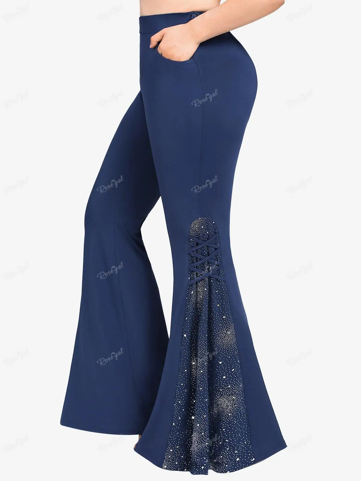 Gothic Lace Panel Lace-up Ruffle Flare Pants Elastic Waist Pull On Pant Colorblock Bell Bottom