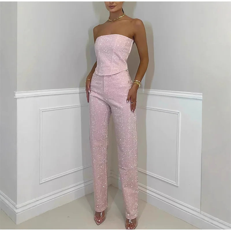 Diamond Vest Jeans Set For Women Sleveless Tube Tops High Waist Pocket Denim