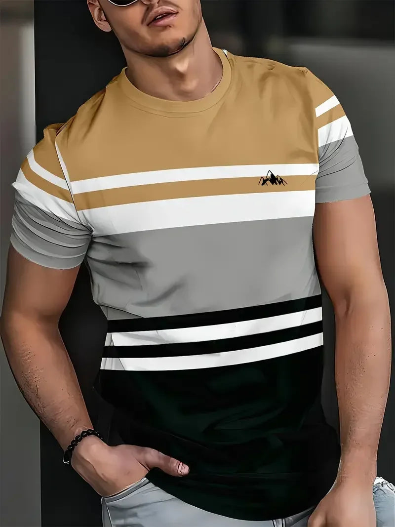Classic Summer Men's T-shirt Loose Street Stripe Print Short Sleeve Round Neck