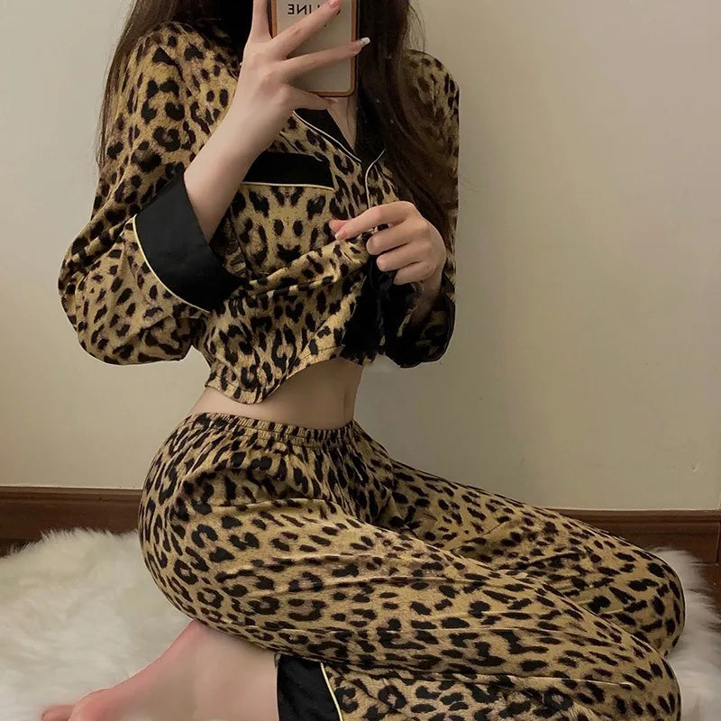 Pajamas Set Women's Fashion Leopard Print Long-Sleeved Sleepwear Loungewear