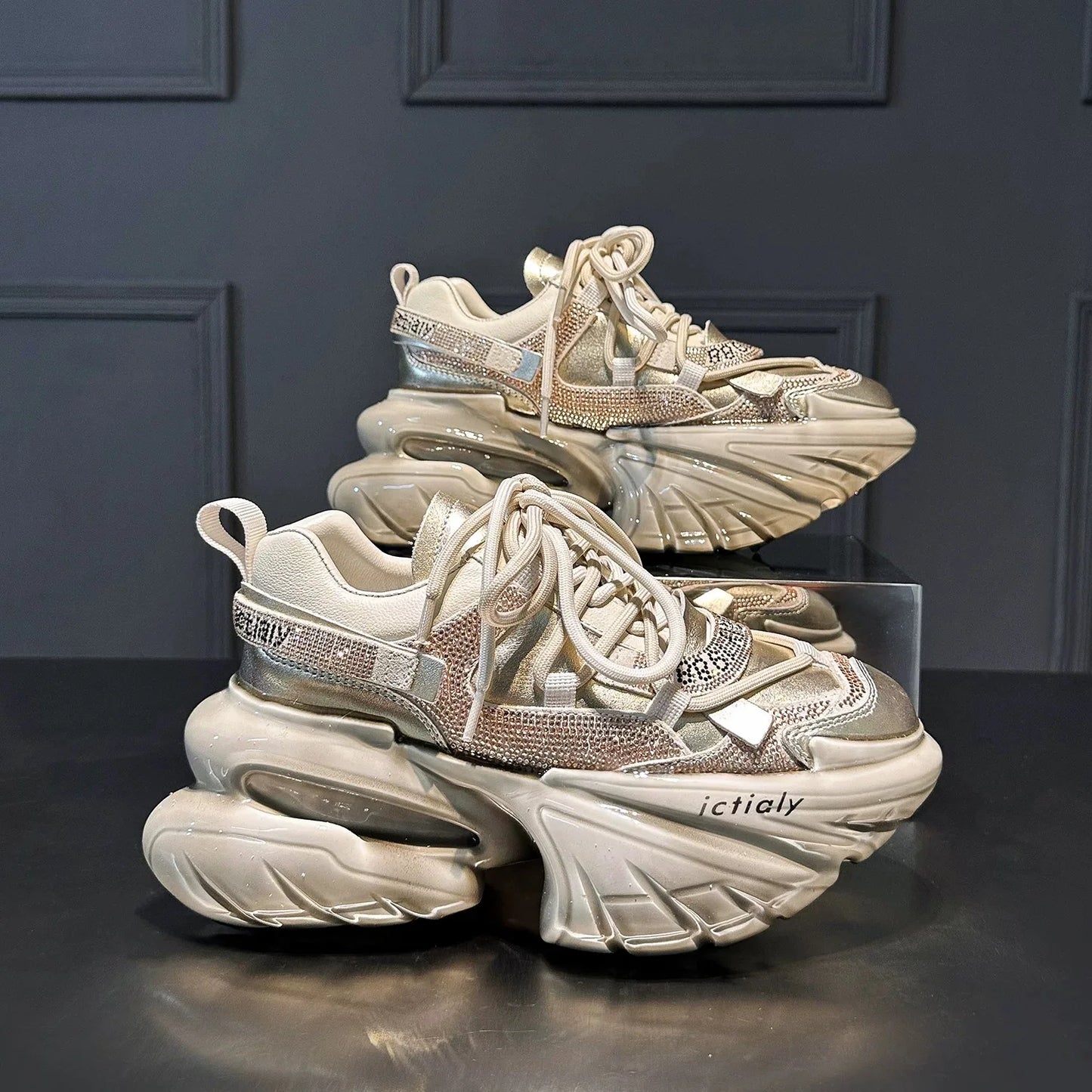 High Heels Platform Chunky Sneakers Unique Design Real Leather Trendy