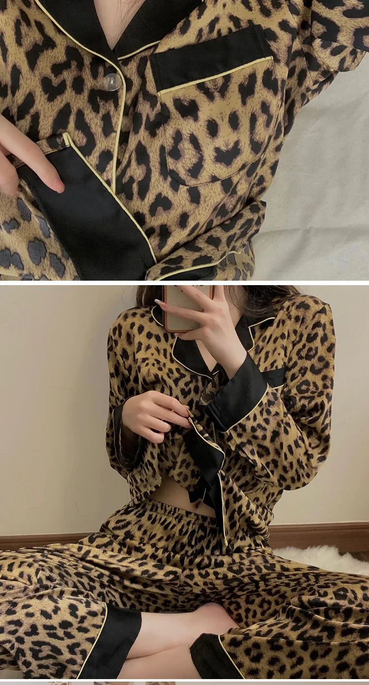 Pajamas Set Women's Fashion Leopard Print Long-Sleeved Sleepwear Loungewear