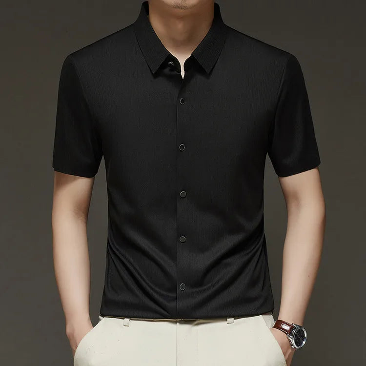 Men's Slim Fit Short Sleeve Dress Shirt Premium Spandex Stretch Fabric Solid Colors Business Casual