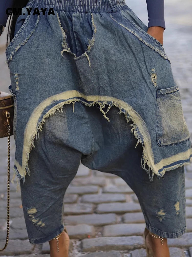 Women Streetwear Ripped Out Hole Denim Pants Loose Safari Style Cargo Harem