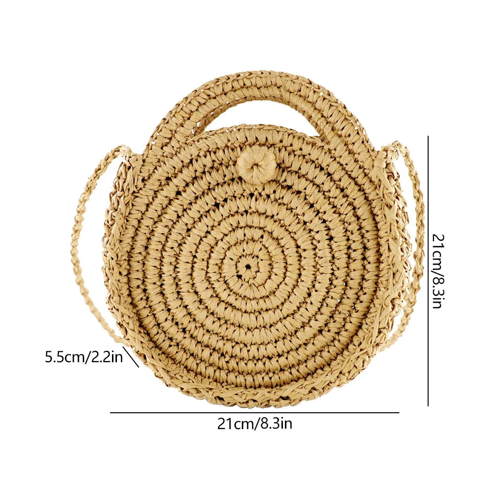 Woven Handbag Round Straw Woven Tote Bag Vacation Shoulder Bag Large Capacity