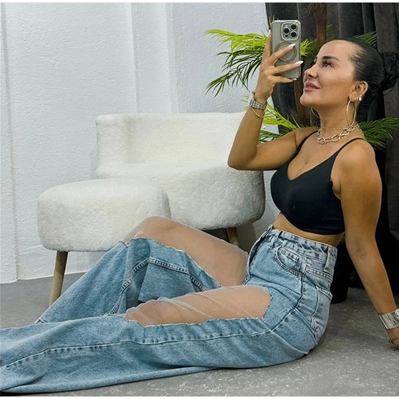 2025 Designer Women's Jeans Pant Blue Denim With Sheer Mesh Knee Panels Hip Hop Style Distressed High Waist Streetwear Trousers