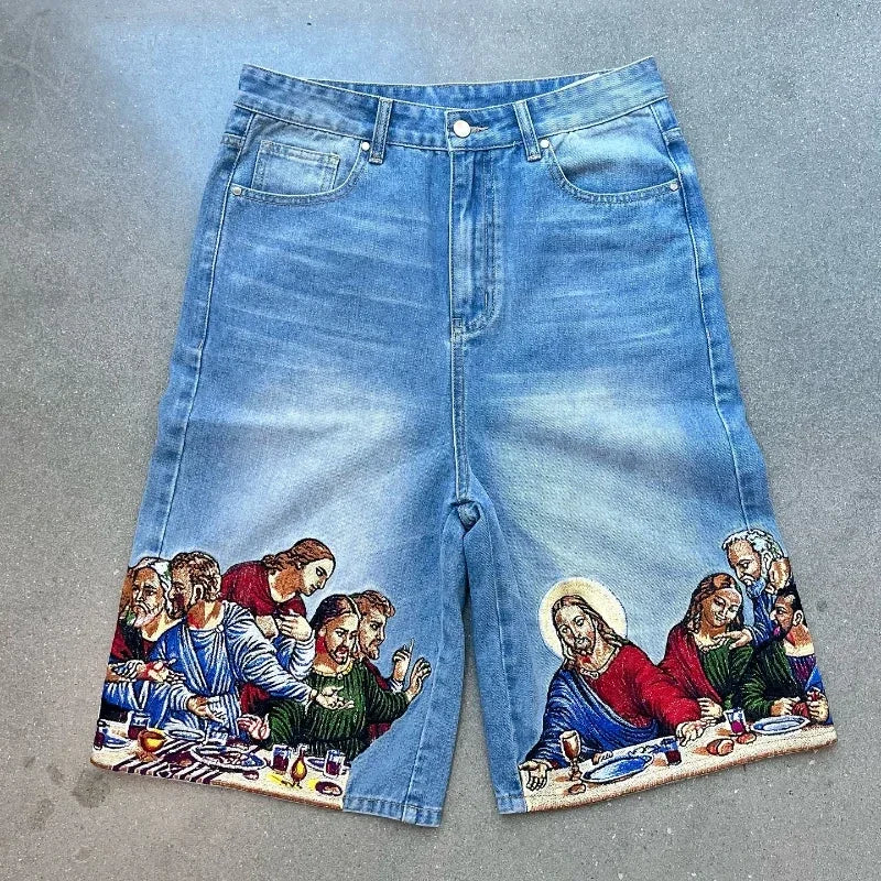 Y2K Gothic Punk Style Retro Graffiti Shorts Men Women Fresh Flower Design Pattern Street Hip Hop New Casual Loose Jeans
