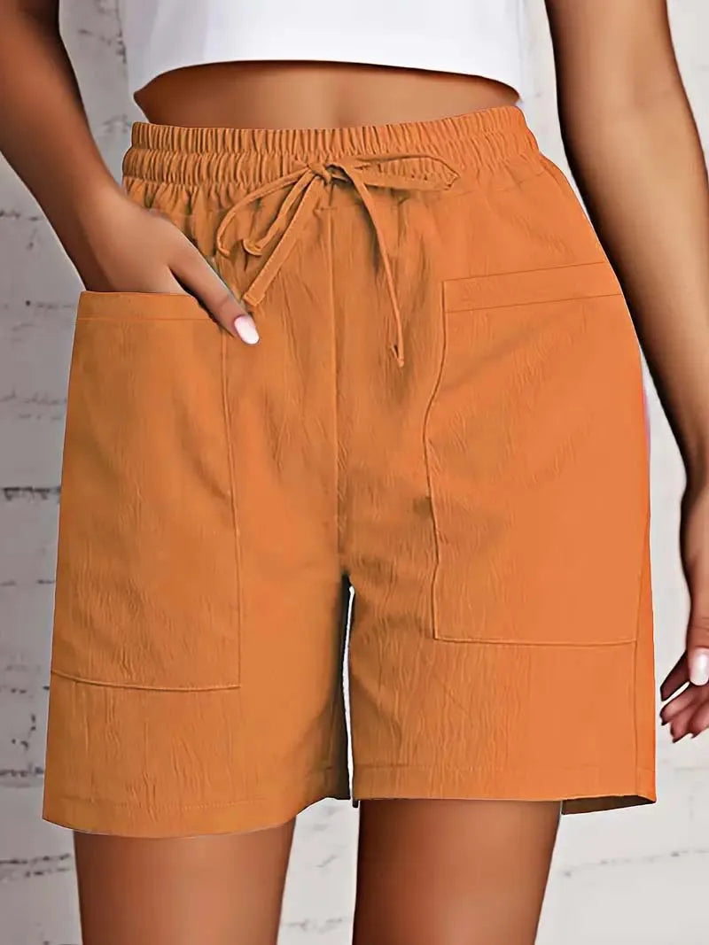Summer New Women's Solid Color Pocket Loose High Waist Casual Fashion Quarter Shorts