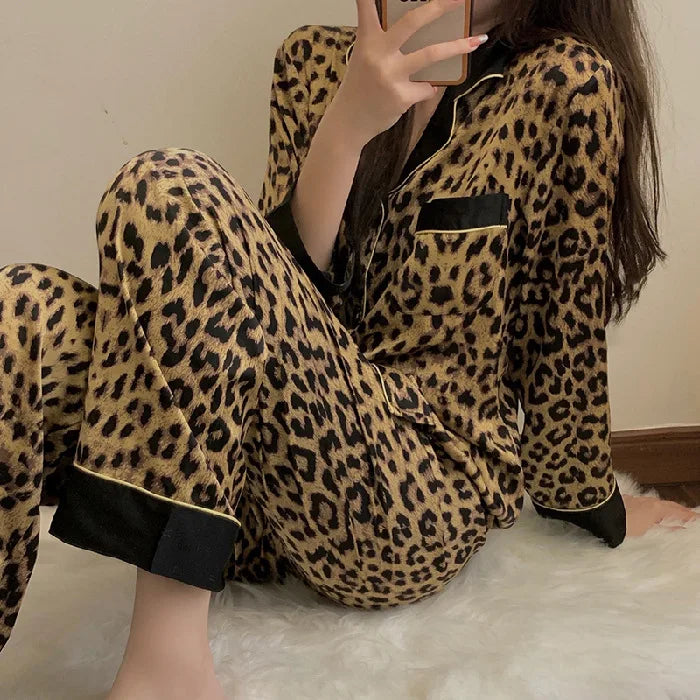 Pajamas Set Women's Fashion Leopard Print Long-Sleeved Sleepwear Loungewear
