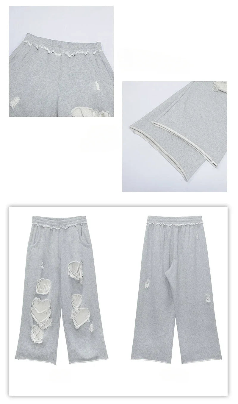 Distressed Gray Baggy Joggers Women Hip Hop Style Grunge Wide Leg Holes Sweatpants