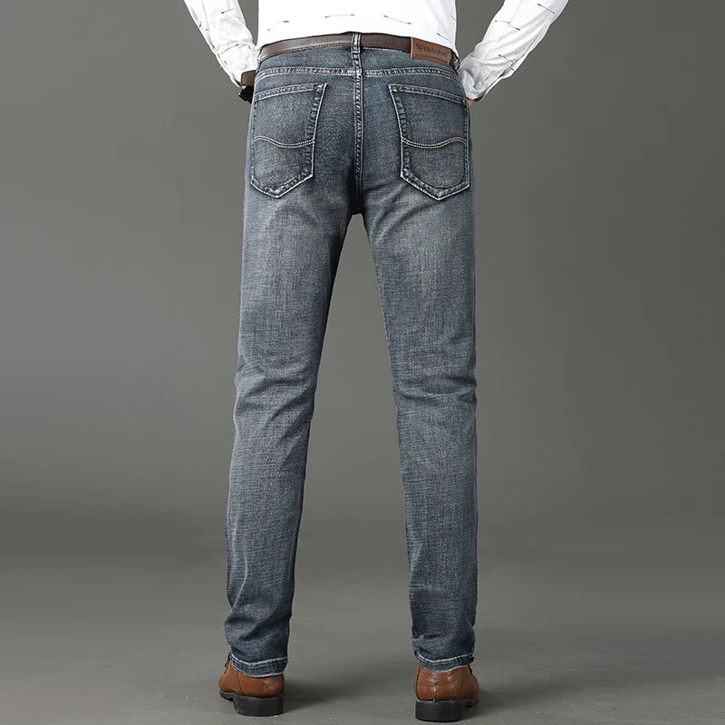Men Classic Jeans Straight Regular Blue Stretch Denim Trousers Men's