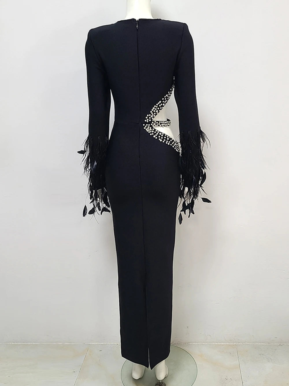Feather hollow out Bandage Maxi Dress Diamond Long Sleeve Bodycon Long Dress