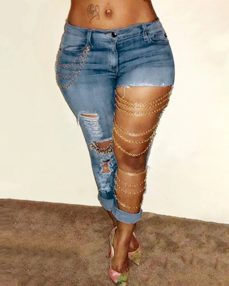 Pencil Pants Denim Big Holes Chain Pockets Streetwear