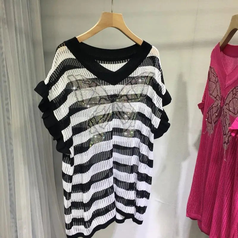 Diamond Oversized Tshirts for Women Knitted Thin Tees Hollow Out V-neck Butterfly Casual Y2k Tops Fashion Ruffles Korean T Shirt