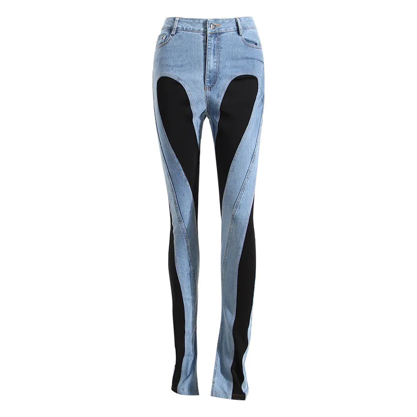 Color Block Women's Jeans Slim Panelled Patchwork High Waist Split Blue Long Denim Pants