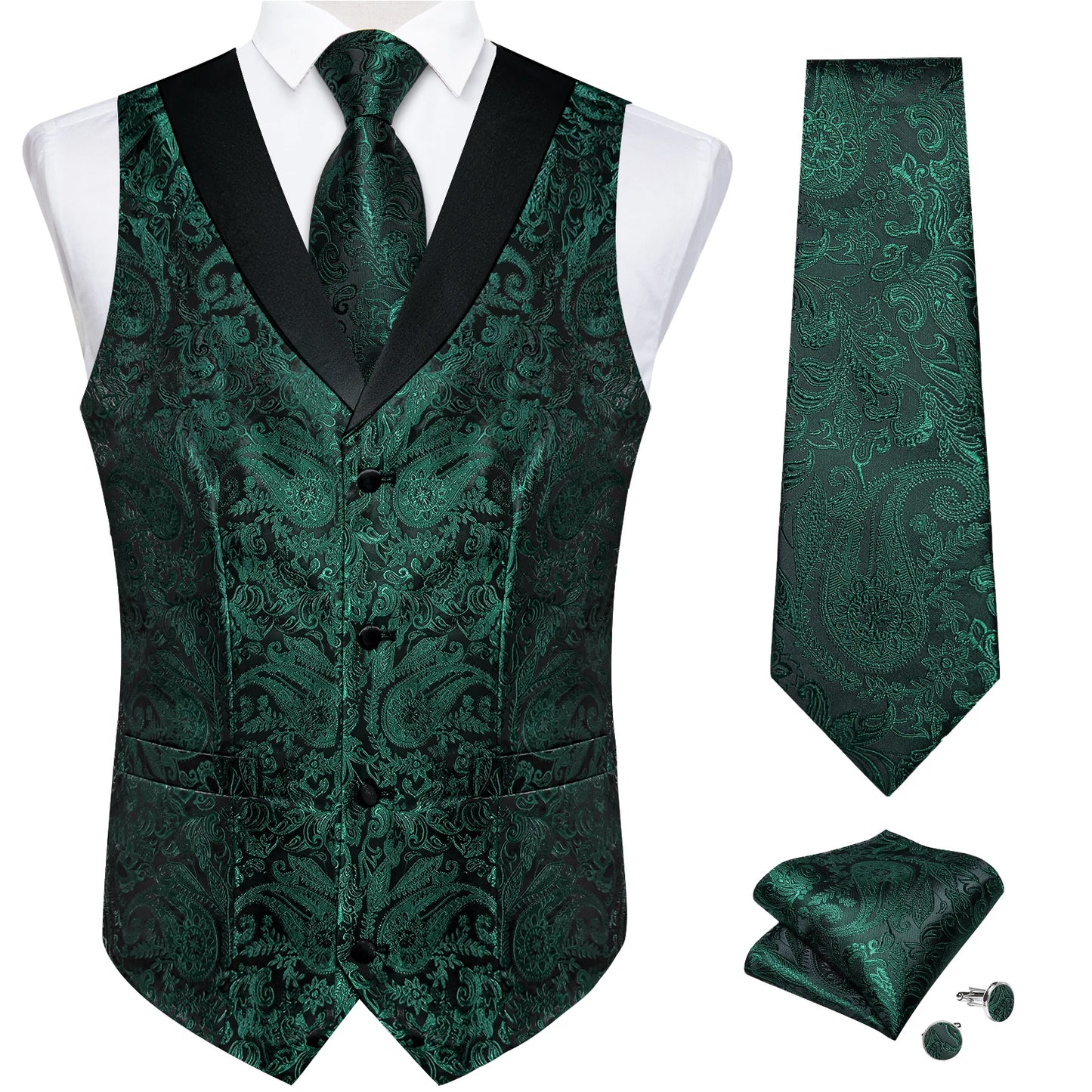 Men's Paisley Silk Suit Vest with Macthing Golden Paisley Neck Tie Handkerchief Cufflinks Wedding Prom Tuxedo Waistcoat