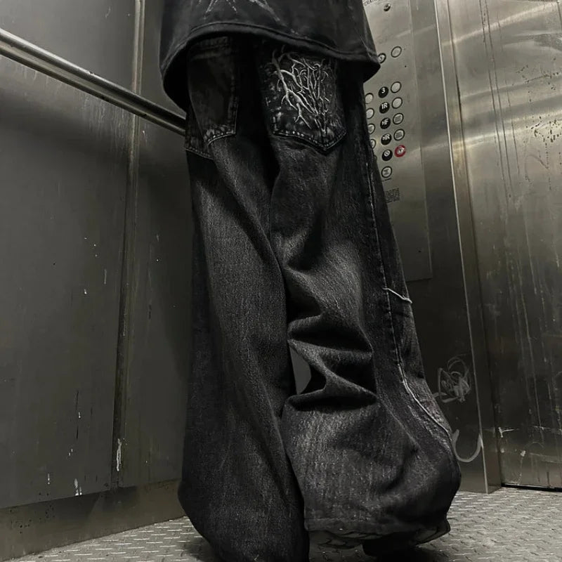 Gothic Retro Oversized Baggy Fit Unisex Mopping Pants Y2K Spider Embroidered Patch Hip Hop Streetwear