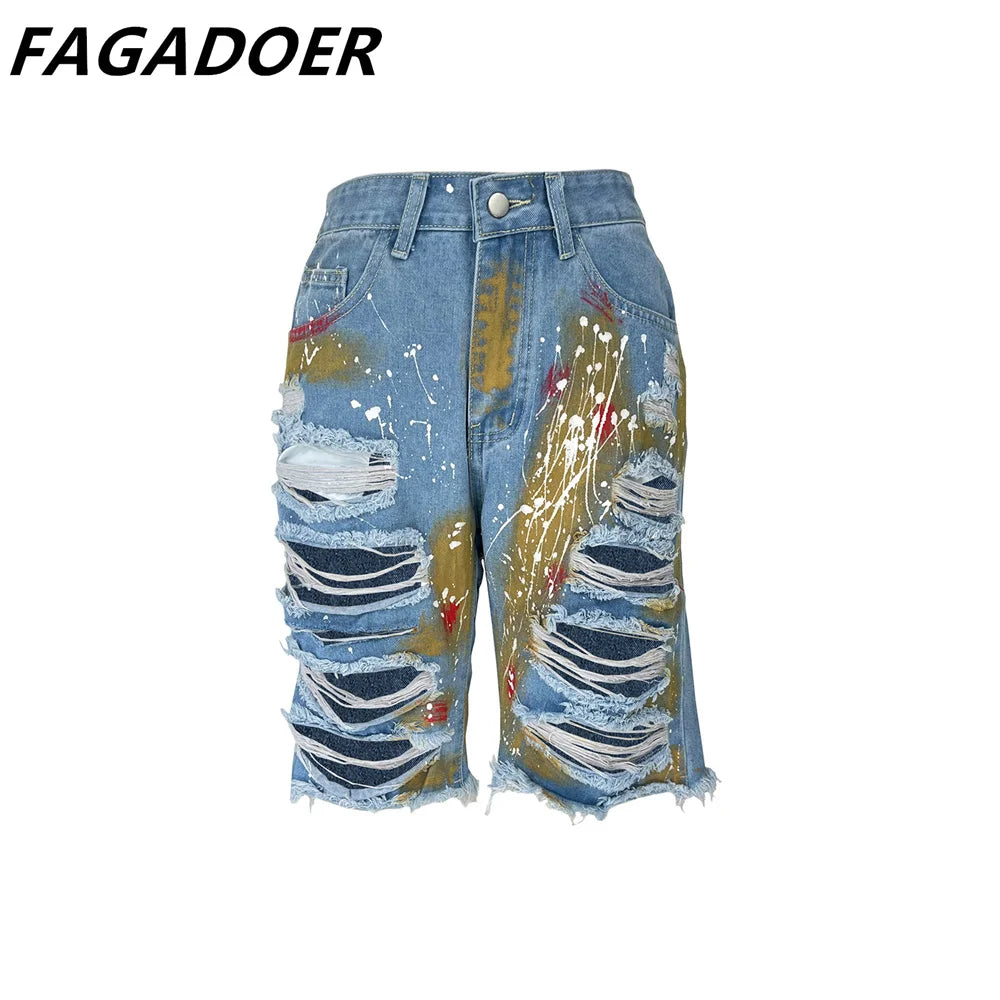 Hole Print Pants Casual High Waist Button Straight Jeans Summer Female