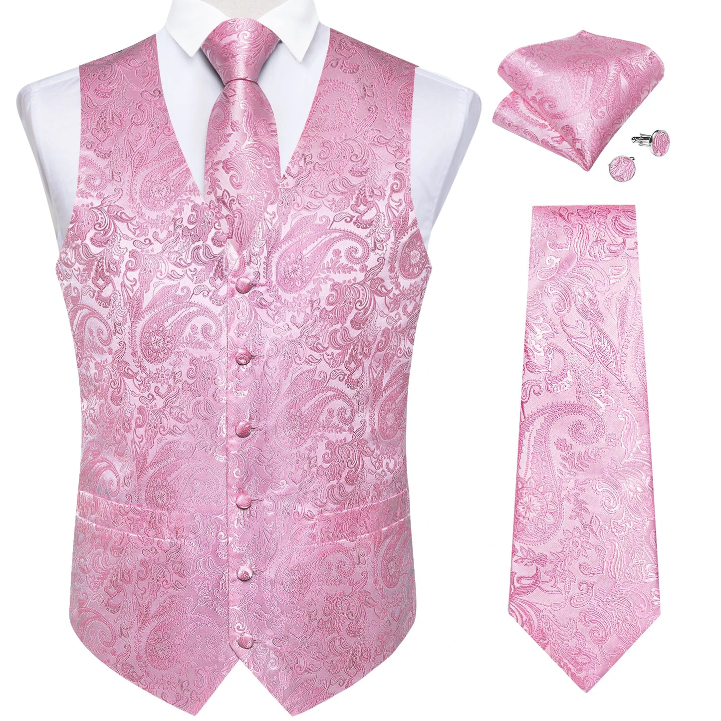 Luxury Paisley Men's Suit Vest Black Pink Red Wedding Prom Tuxedo Waistcoat Necktie Handkerchief Cufflink Sleeveless Jacket Vest