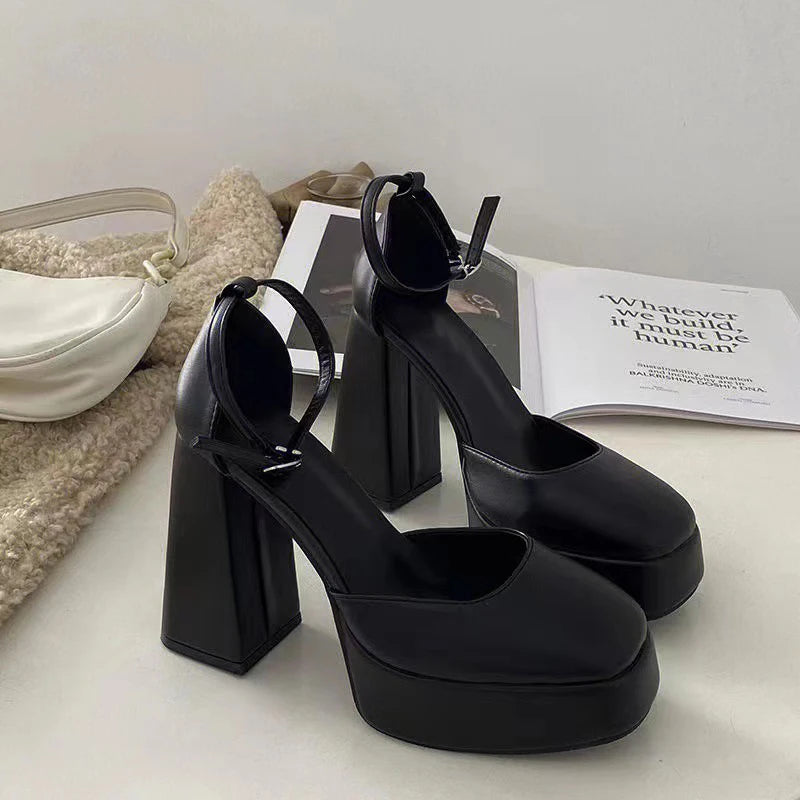 Super-high Heel Thick Heel Shoes Platform Sandal Elegant Round Toe White Heels BEIGE / 35 / United States BLACK / 40 / United States