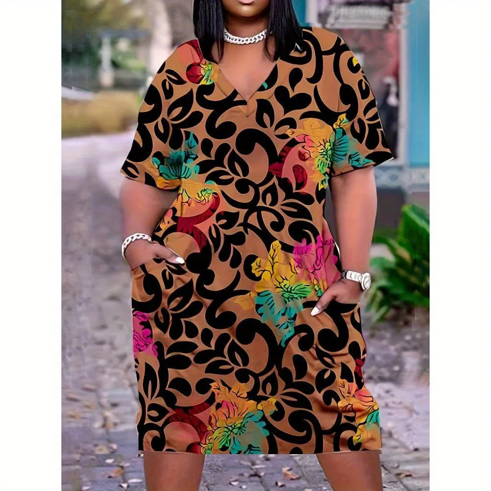 Large Size Casual Floral Print Patchwork V-neck Straight Dress