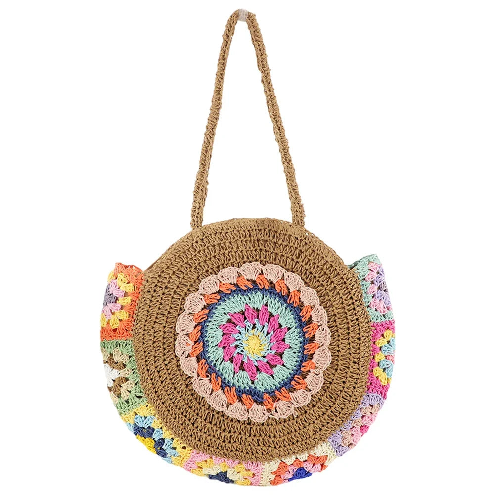 Woven Handbag Round Straw Woven Tote Bag Vacation Shoulder Bag Large Capacity