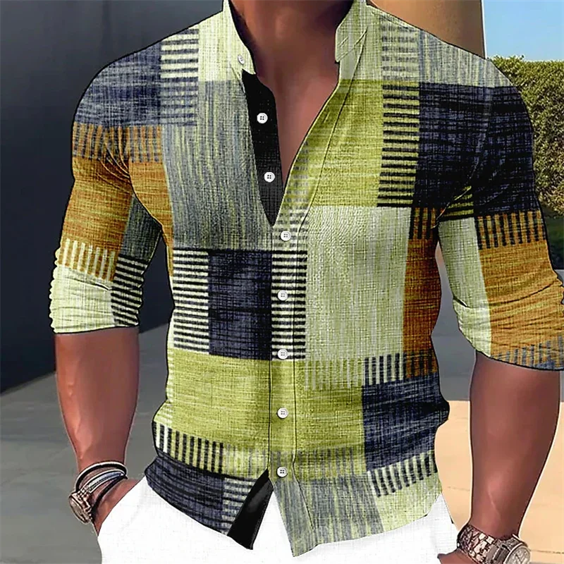 Men's Retro Stitching Shirt Gradient Stand Collar Outdoor Street Long Sleeve Casual