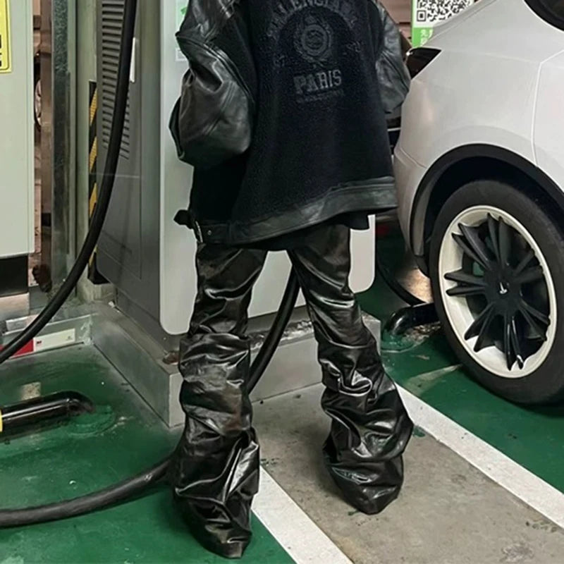 High Street Wide Leg Glossy Leather Pants Sashes Boot Cut Men and Women Straight Baggy Casual Jeans Oversized Flared Trousers