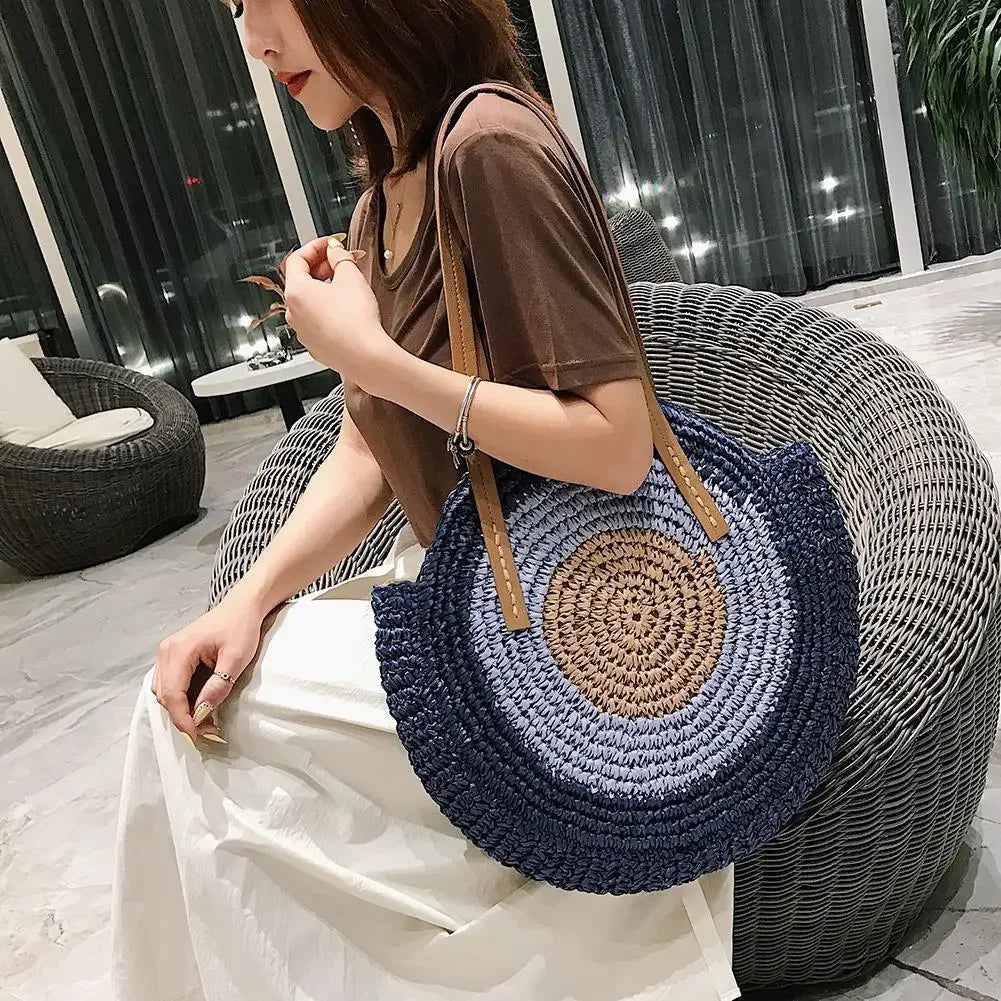 Woven Handbag Round Straw Woven Tote Bag Vacation Shoulder Bag Large Capacity