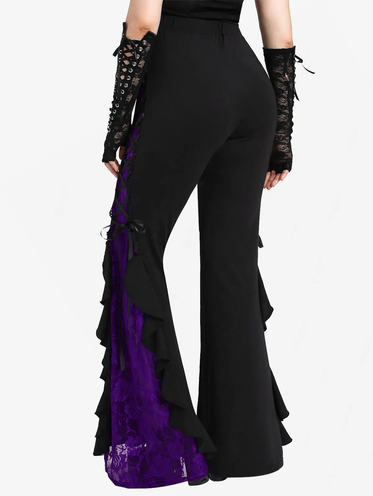 Gothic Lace Panel Lace-up Ruffle Flare Pants Elastic Waist Pull On Pant Colorblock Bell Bottom