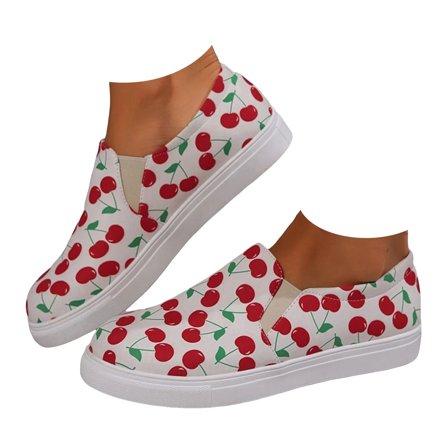 Ladies' Flat Casual Sports Shoes Cherry Printed Wide Width Close Fitting Black / 36 / United States White / 36 / United States