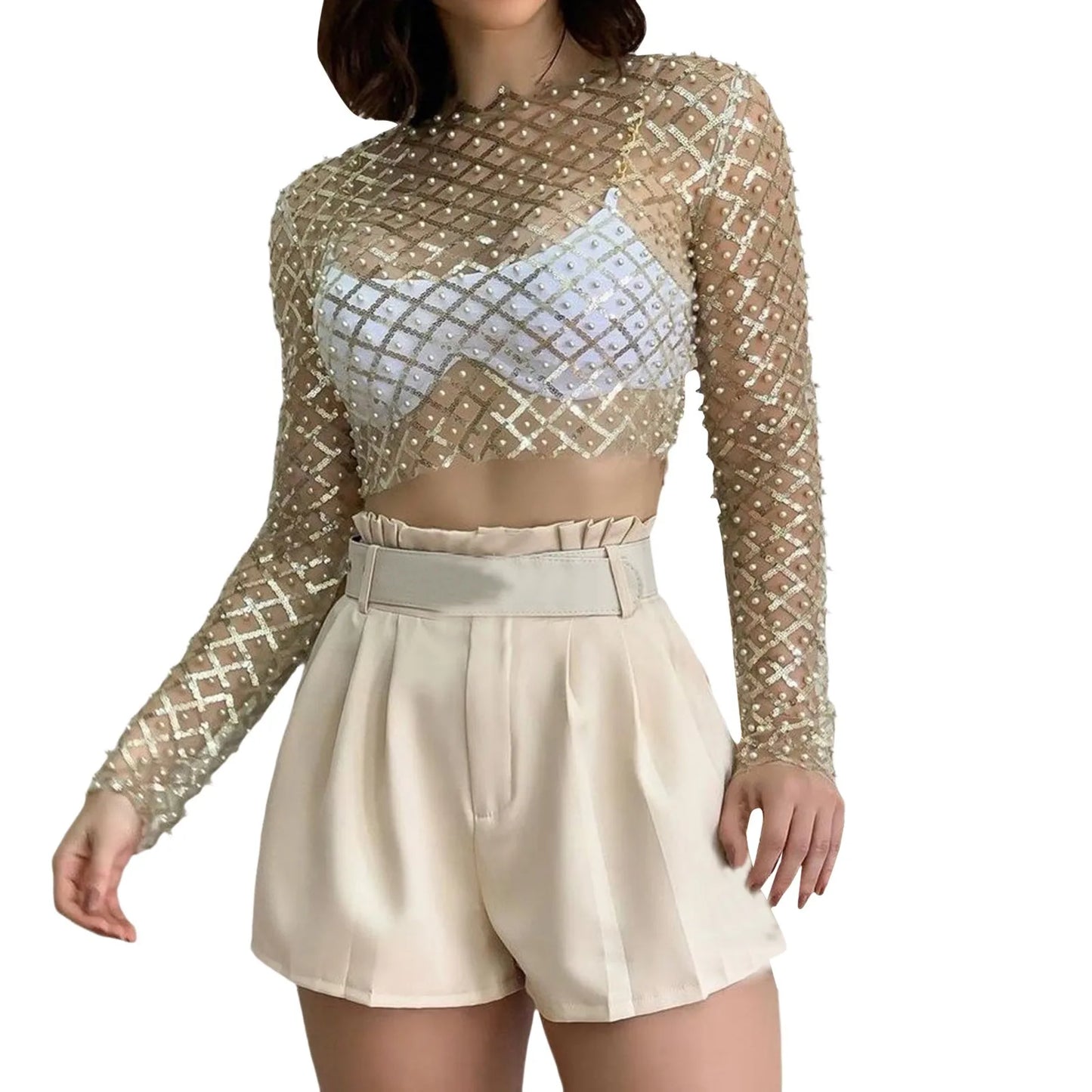Long Sleeved Top T Shirt Mesh Pinned Bead Sequined Transparent Cover Up