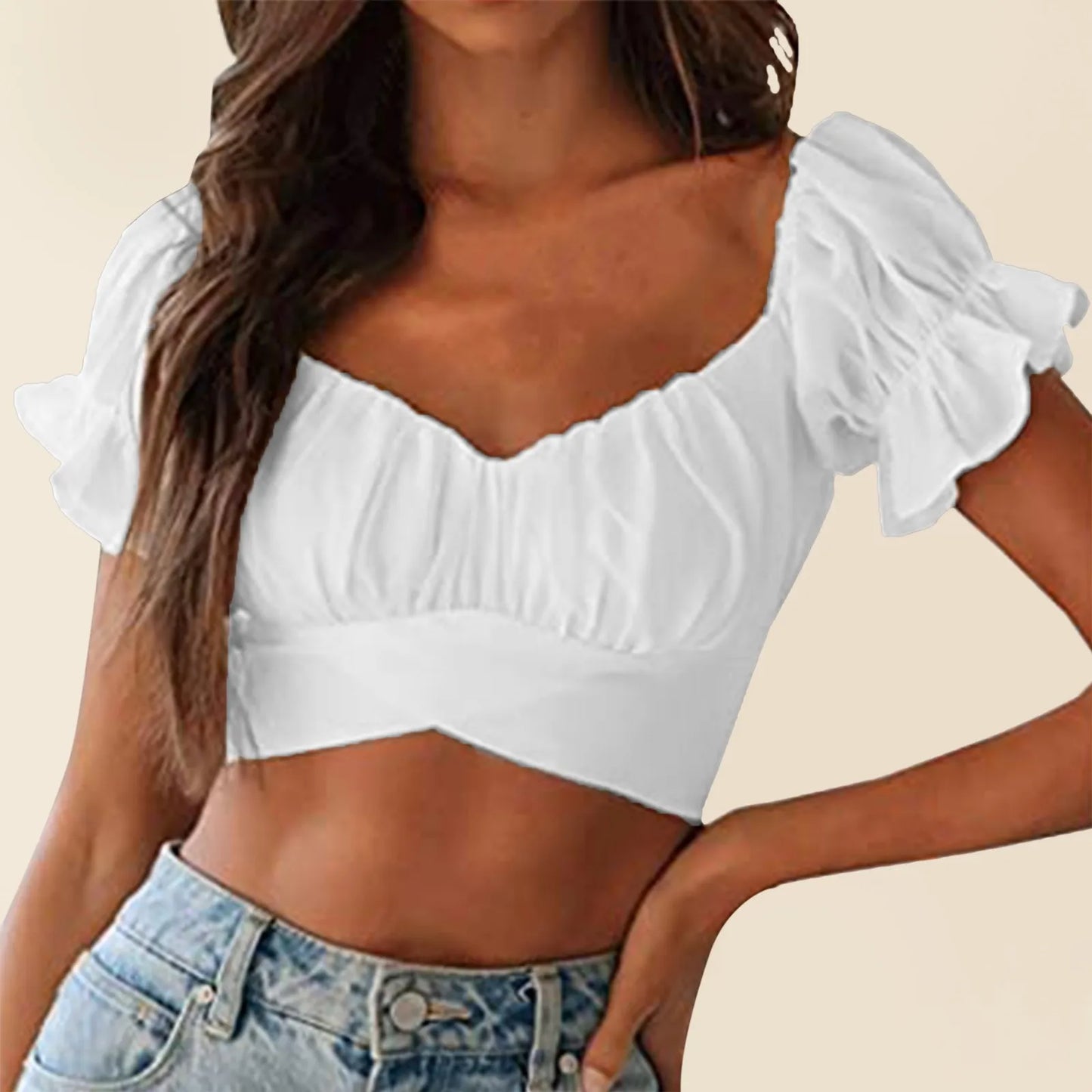 Deep V Neck Cropped Top Ruffled Short Sleeve Backless Tight Tank Top Watermelon Red / XL / United States Watermelon Red / S / United States