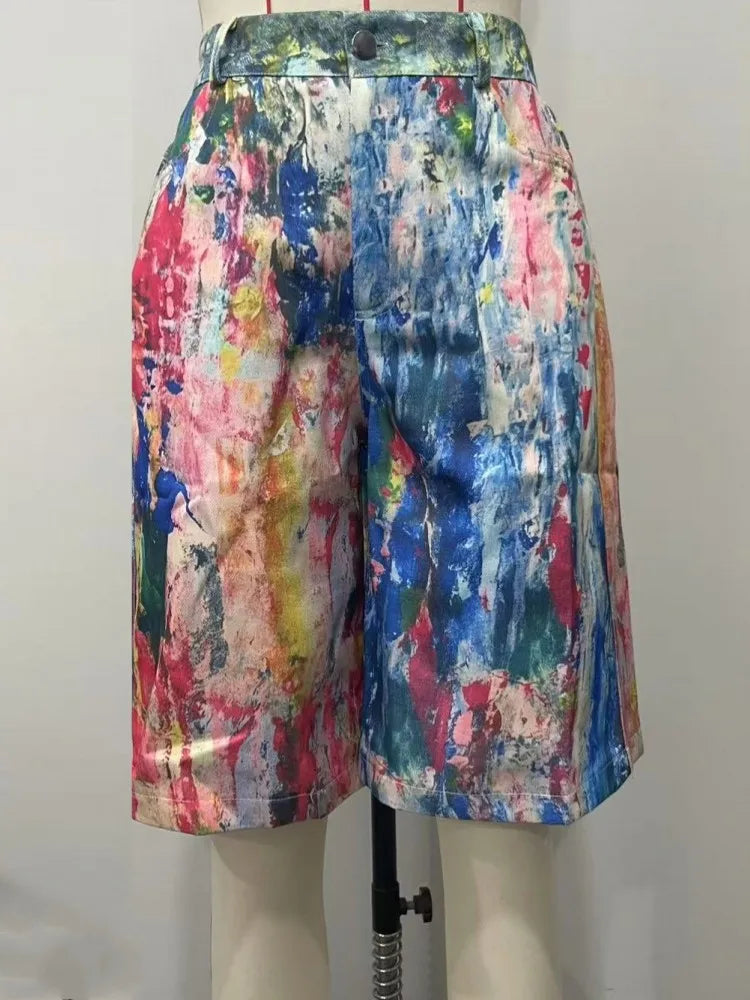 Women's Pockets Graffiti Shorts Polyester Mid Waist Shorts