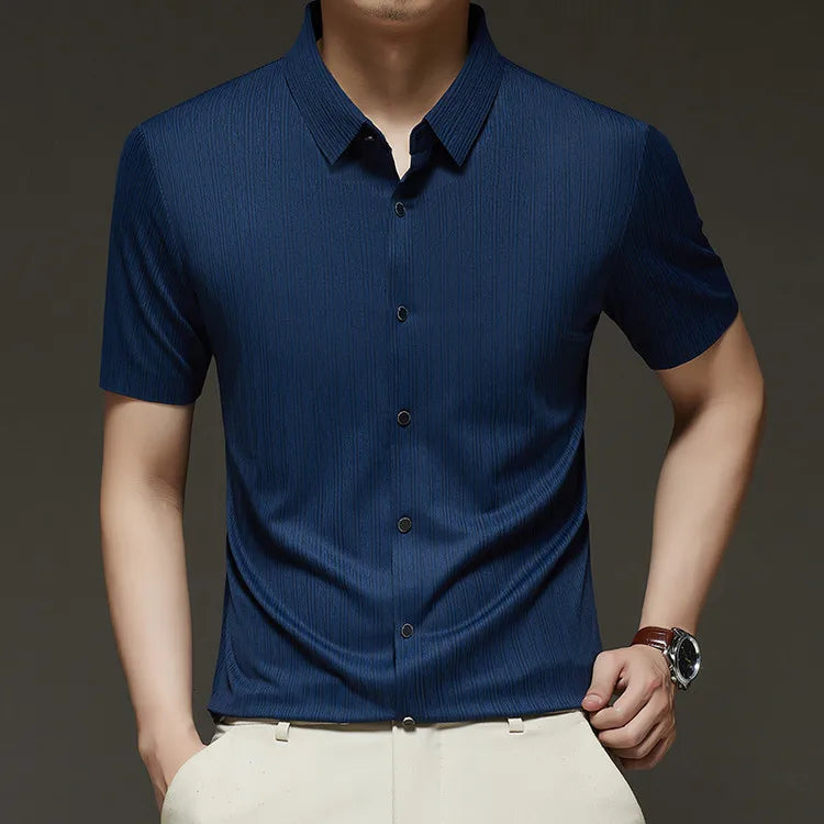 Men's Slim Fit Short Sleeve Dress Shirt Premium Spandex Stretch Fabric Solid Colors Business Casual