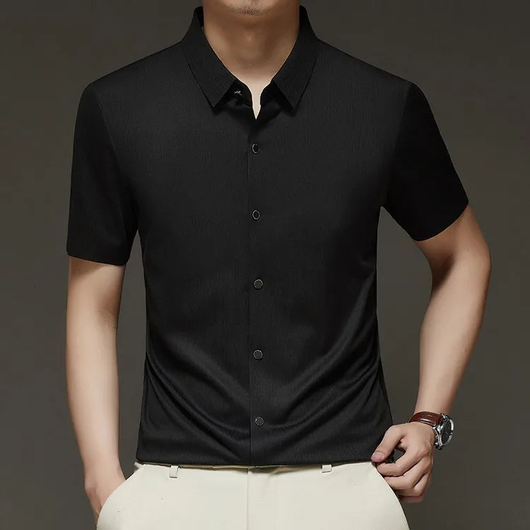 Men's Slim Fit Short Sleeve Dress Shirt Premium Spandex Stretch Fabric Solid Colors Business Casual