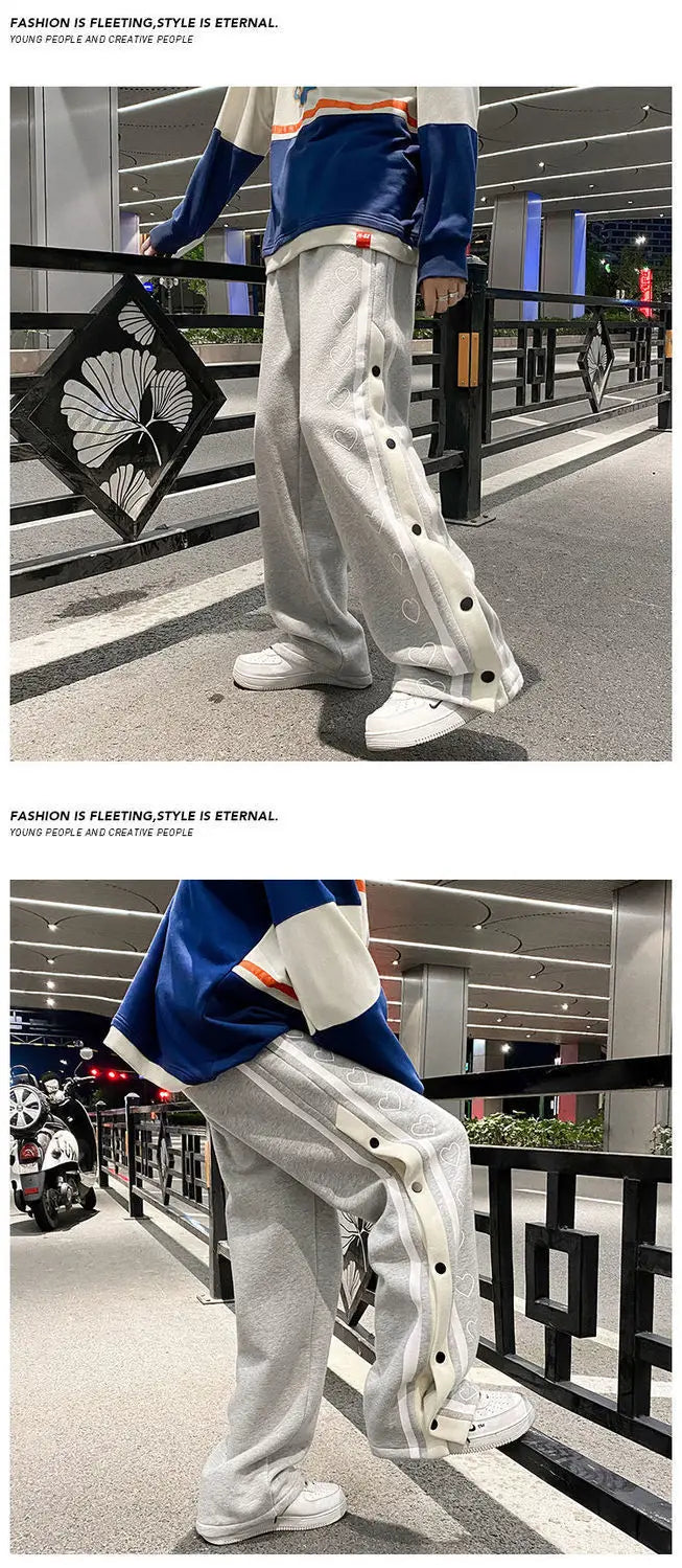 Harajuku Wide leg Sweatpants Oversize Men Side Button Baggy Pants Casual Sport Split Basketball Women Track Trousers